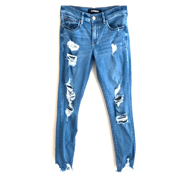 mid rise medium wash ripped ankle leggings